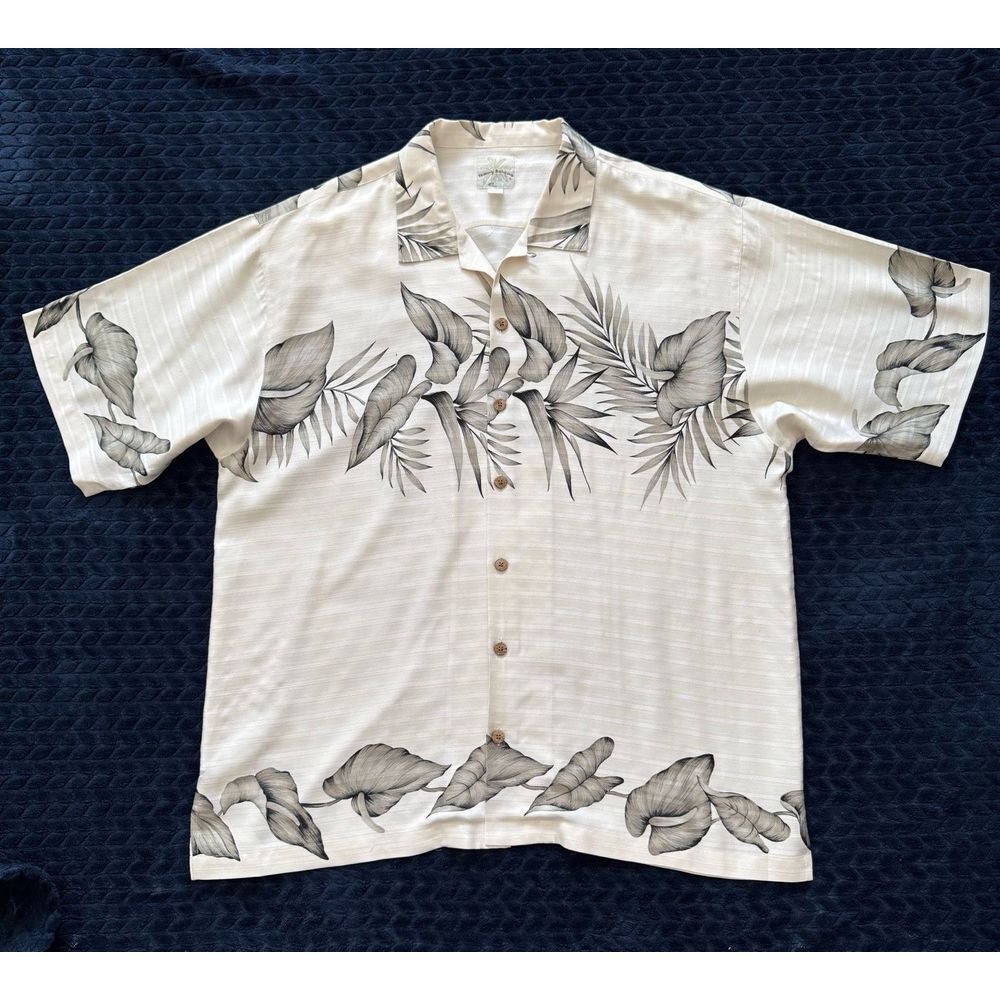 Tommy Bahama Men's Hawaiian Shirt Silk Ivory Floral Button Up Travel‎ Sz XL